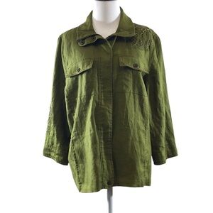 Chico's Green Beaded Linen Jacket Womens 1 Medium Zip Up Classic Fit‎